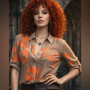 Karlie Sheer Skull Blouse Whimsy Goth Boho Neon Orange Tan Button Up Top